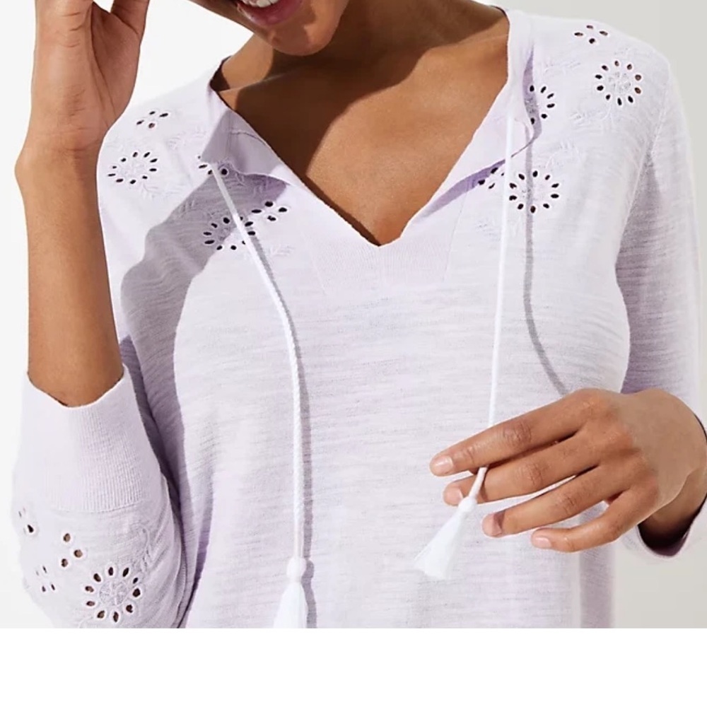 Loft Tasseled Tie Neck Top T-Shirt 100%Cotton Embroidered Long Sleeve Sz S